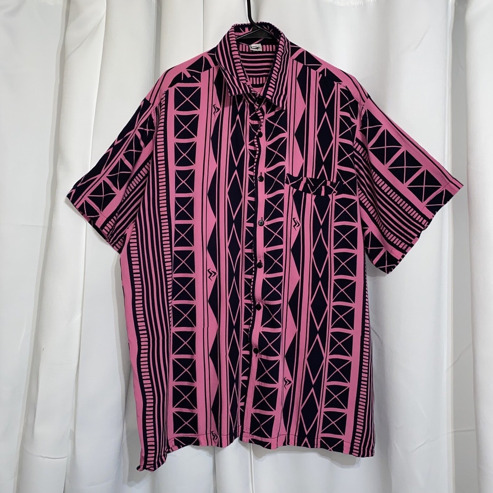 MISSING POLYNESIA Mens Aloha Shirt Pink Black Tribal Size 2XL Hawaii Polynesian